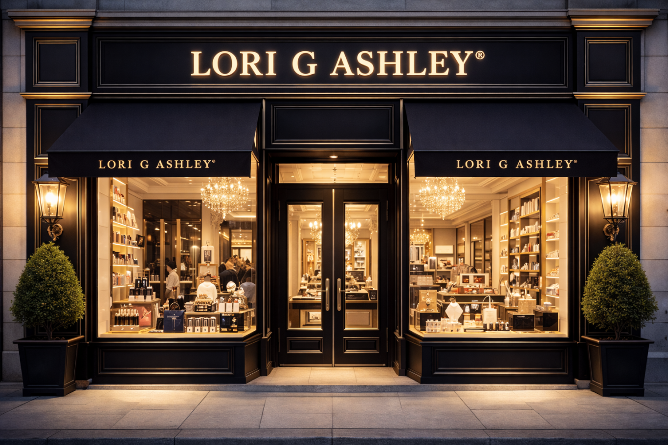 Lori G Ashley Facade of Lori G Ashley store with large windows and elegant lighting.